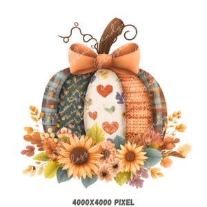 以下が含まれることがあります： リボン、ヒマワリ、秋の葉が描かれた装飾的なカボチャのイラスト。カボチャは、ハートのデザインが施されたニット部分など、さまざまな模様のセクションで構成されています。画像の下部には「4000x4000 PIXEL」というテキストがあります。