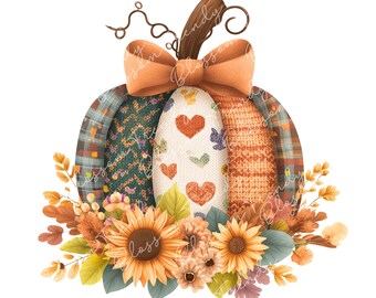 Clipart di zucca autunnale, PNG di zucca patchwork, sublimazione autunnale, zucca scozzese lavorata a maglia, decorazioni autunnali con girasoli, download digitale di fattoria