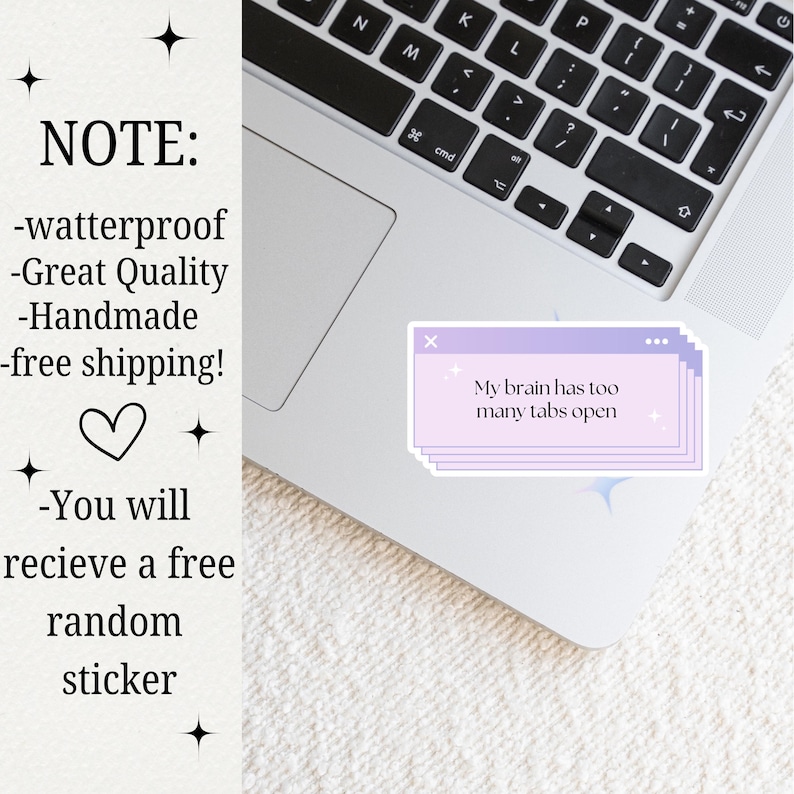 Too Many Tabs Open Sticker, Funny Mental Health Decal, Neurodivergent Anxiety Humor, Cute Purple Computer Pop Up, Laptop Water Bottle Vinyl image 6