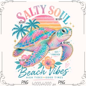Salty Soul Beach Vibes PNG, Sea Turtle Sublimation Design, Tropical Summer Turtle Graphic, Coastal Vacation Shirt PNG, Retro Ocean PNG