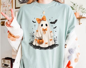 Cute Ghost with Bow PNG, Fall Halloween Ghost Clipart, Kawaii Spooky Girl Ghost Sublimation, Pastel Halloween Shirt Design, Boo PNG