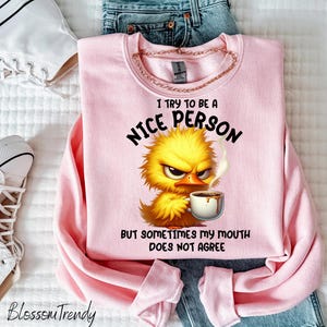 Pu&ograve; includere: Felpa rosa con un pulcino dei cartoni animati che tiene una tazza di caff&egrave;. Il testo sulla felpa recita "Cerco di essere una persona gentile, ma a volte la mia bocca non &egrave; d'accordo."