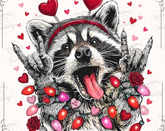 Valentine Raccoon PNG, Rock On Trash Panda Sublimation Design, Funny Valentine’s Day Shirt Digital Download Trendy Animal Lover DTF