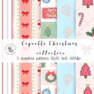 May include: A collection of five seamless Christmas patterns, each 12x12 inches. Designs include candy canes, Christmas trees, lollipops, bows, and the text "Merry and Bright". The patterns are in pink, red, and blue.