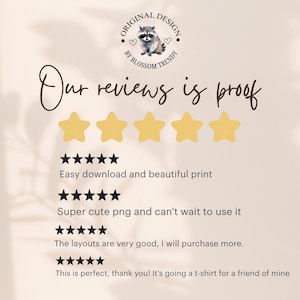 Op de afbeelding: Een beige afbeelding met de tekst "Our reviews is proof" en vijf gouden sterren. De afbeelding bevat een wasbeerillustratie en klantbeoordelingen zoals "Easy download and beautiful print."