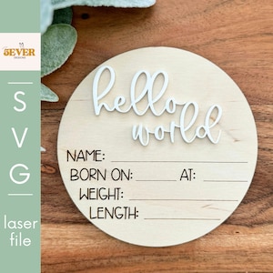 3D Hello World SVG-Datei, Geburtsanzeige, Anfängerdatei, Geburtsanzeige, Ich bin hier, Glowforge-Datei, Anzeige, Kinderzimmerdeko