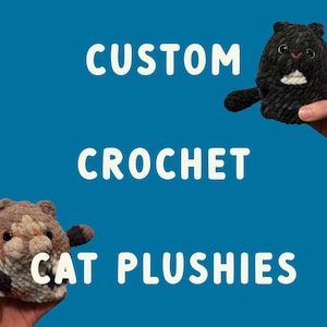 Peut inclure: Deux peluches de chat au crochet personnalisées. L'une est noire avec une tache blanche, l'autre est marron et beige. Le texte "CUSTOM CROCHET CAT PLUSHIES" est en blanc sur fond bleu.