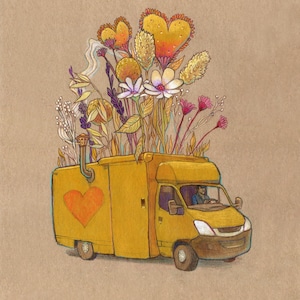 May include: A whimsical illustration of a yellow delivery truck overflowing with colorful flowers. The truck has a heart on the side and a driver. The flowers include heart-shaped blooms and various wildflowers, set against a tan background.