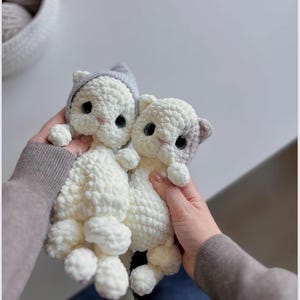 Può includere: Due peluche di gatto all'uncinetto, uno bianco con un cappello grigio e uno bianco con segni grigi e bianchi. I peluche sono tenuti dalle mani di una persona.