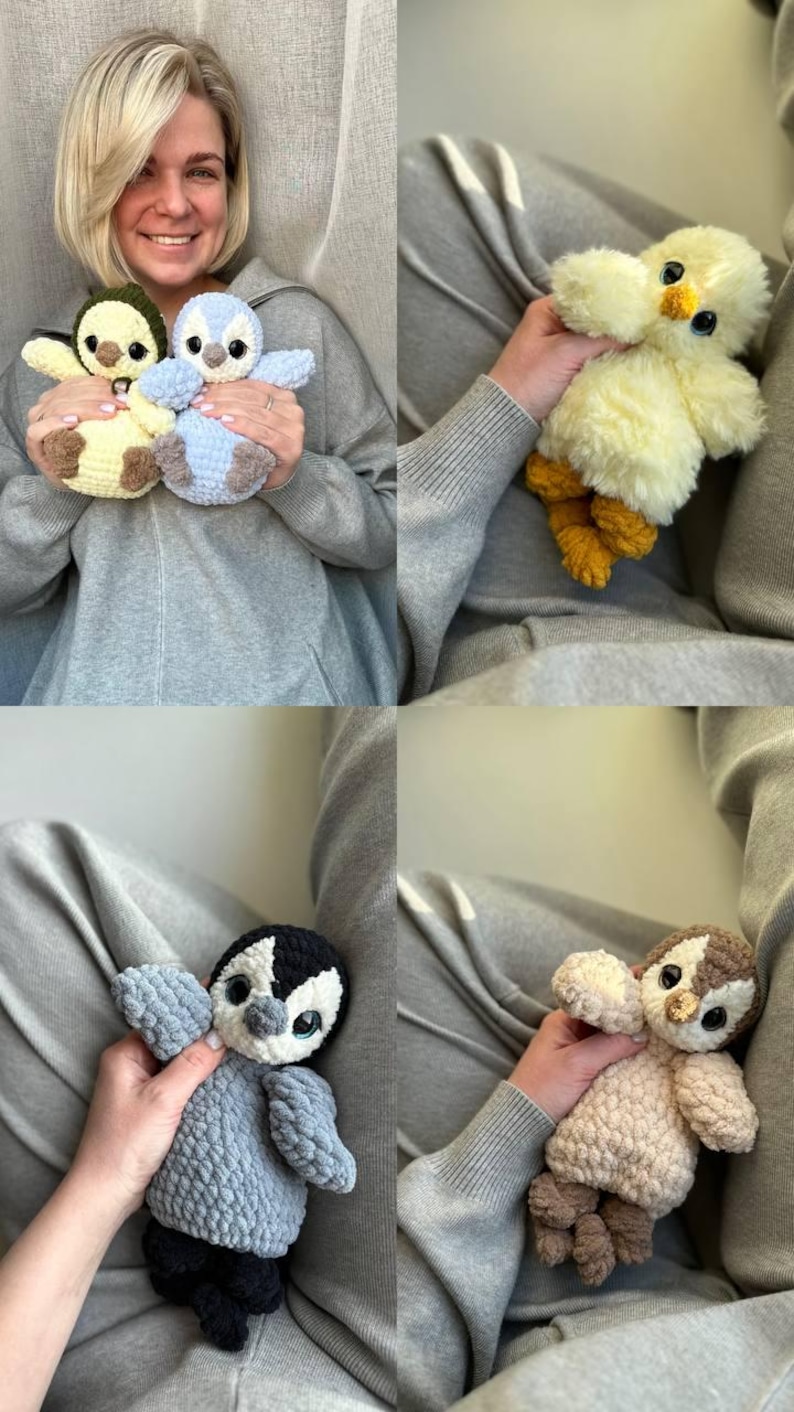 May include: A collection of six plush stuffed animals made from soft yarn, including two small penguins in yellow and blue, a fluffy yellow chick, a grey and black penguin, and a light brown penguin, all featuring large dark eyes and textured bodies.