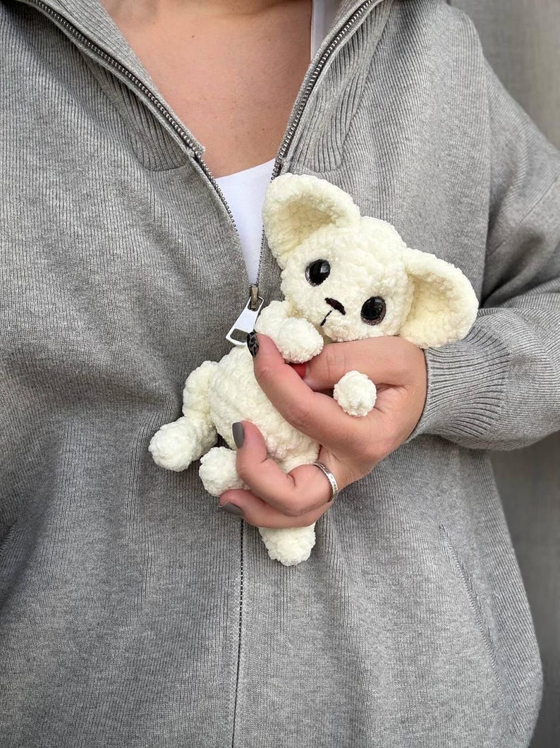 May include: A small, cream-colored crocheted puppy with large black eyes and floppy ears. The handmade stuffed animal is held in a person's hand, showcasing its soft texture and detailed craftsmanship. The puppy has a small red collar.