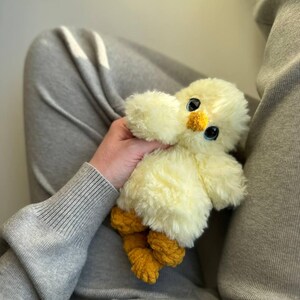 May include: A plush toy shaped like a small chick with soft, pale yellow fur, large dark eyes, a small orange beak, and textured orange feet. The stuffed animal has a rounded body and fluffy wings, crafted from synthetic materials.
