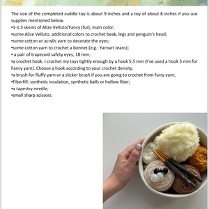 May include: A white bowl containing balls of cream, orange, and brown yarn, two black and gold crochet hooks, and two 18 mm trapezoid safety eyes. The text lists supplies for a crochet project, including Alize Velluto yarn and fiberfill.