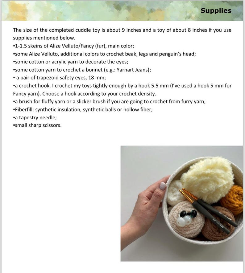 May include: A white bowl containing balls of cream, orange, and brown yarn, two black and gold crochet hooks, and two 18 mm trapezoid safety eyes. The text lists supplies for a crochet project, including Alize Velluto yarn and fiberfill.