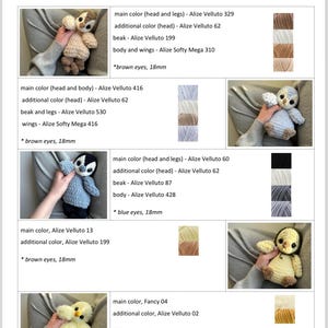 May include: A color chart for crochet plush toys featuring five distinct bird designs. Each section lists specific Alize Velluto and Softy Mega yarn color codes, including 329, 62, 199, 310, 416, 530, 60, 87, 428, 13, and 04, alongside 18mm eye specifications.