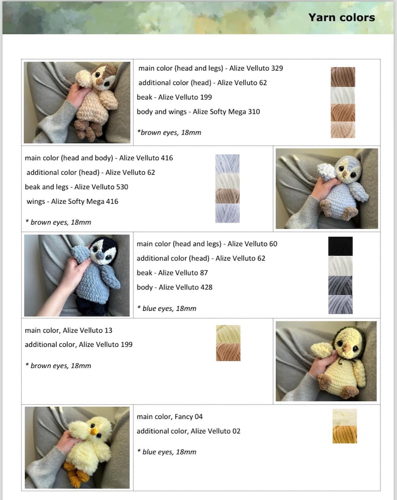 May include: A color chart for crochet plush toys featuring five distinct bird designs. Each section lists specific Alize Velluto and Softy Mega yarn color codes, including 329, 62, 199, 310, 416, 530, 60, 87, 428, 13, and 04, alongside 18mm eye specifications.
