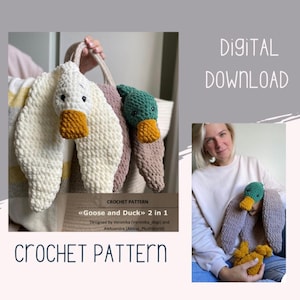 May include: A crochet pattern for a goose and duck plush toy. The image shows a white goose and a teal duck with yellow beaks. The text "CROCHET PATTERN" and "DIGITAL DOWNLOAD" are also visible.
