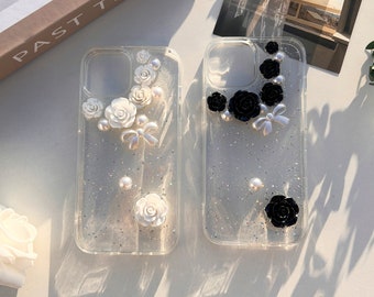 Cute Glitter Bow rose phone case for for iPhone 15 14 13 12 11 Pro max case iPhone XR X XS Max 6 7 8 15 14 Plus clear Case Best Gift for Her