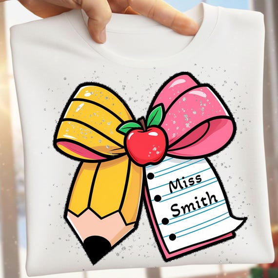 Coquette Teacher PNG, personalize by adding the teacher's name, Teacher Pencil Coquette Bow Png, Back To School, Teacher Appreciation Gift