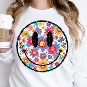 Smile Retro Happy Flowers PNG, smiley face PNG, Vintage Boho PNG, Daisy smile png, floral smile face, Distressed Smile, popular png