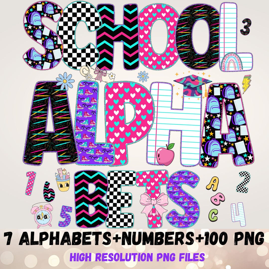 Preppy Back to School Alphabet PNG, Pencil School Doodle Alpha Font ...