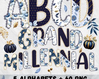May include: Digital alphabet set featuring letters spelling "GRAND MILLENNIAL" in navy blue and white floral patterns, with pumpkins and decorative elements. Includes the text "5 ALPHABETS + 60 PNG" and "HIGH RESOLUTION PNG FILES".