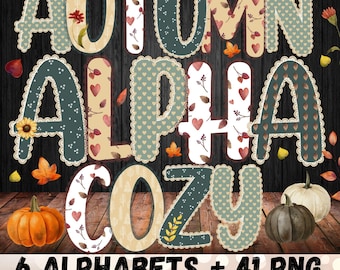 May include: Digital design featuring the words "AUTUMN ALPHA COZY" in various colors and patterns, including hearts, leaves, and floral accents. The image also includes pumpkins and the text "6 ALPHABETS + 41 PNG HIGH RESOLUTION PNG FILES."