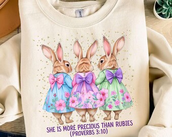 She is more precious than jewels- bunnies with floral, Easter Bunny PNG, Easter Bunny Sublimation Design for Girls, Easter Bunny Trio PNG