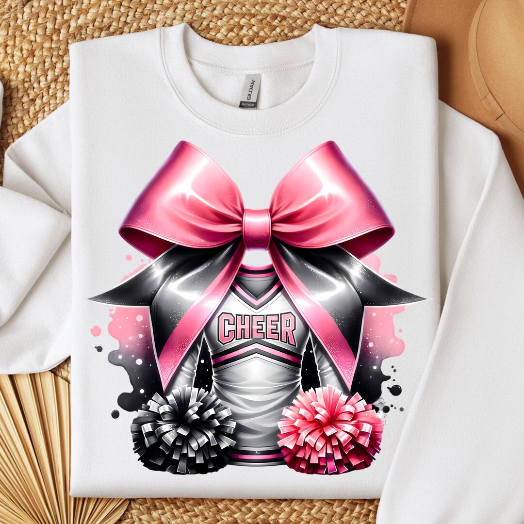 Cheer Uniform Bow Pink Grey PNG, Pom Poms Sublimation Digital Png ...