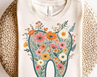 Chemise dent florale, chemise de dentiste rétro Sweatshirts Dentiste et hygiéniste dentaire cadeau Étudiant assistant dentaire mignon Téléchargement instantané PNG