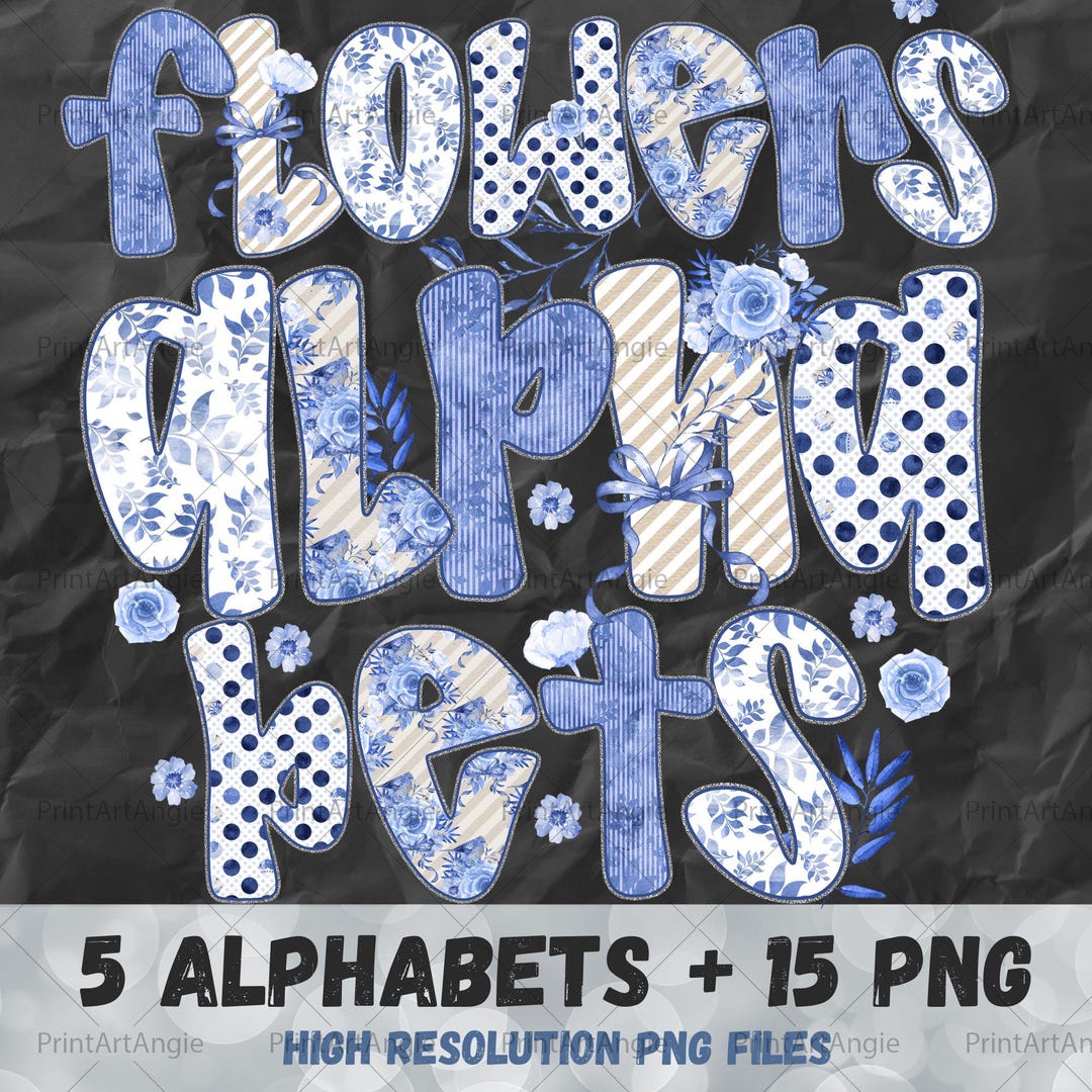 Watercolor BLUE FLOWERS Alphabet Bundle Png, Preppy Blue Doodle Alpha ...