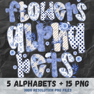 Watercolor BLUE FLOWERS Alphabet Bundle png, Preppy blue Doodle Alpha Set, Individually Saved Letters|, Doodle Letters PNG, Digital Download