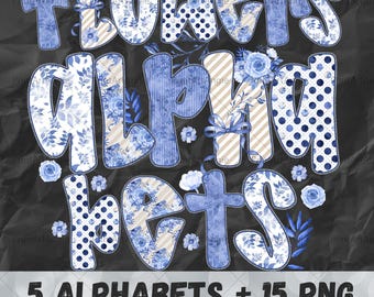 Watercolor BLUE FLOWERS Alphabet Bundle png, Preppy blue Doodle Alpha Set, Individually Saved Letters|, Doodle Letters PNG, Digital Download