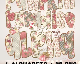 May include: A digital design featuring the words "Pumpkin Paradise Alpha" in a whimsical font. The letters are filled with floral and polka dot patterns in shades of pink, cream, and gray. The image also includes the text "6 Alphabets + 27 PNG" and "High Resolution PNG Files".