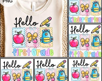 Preppy Back to School PNG-bundel, Hallo kleuterschool Pre-K 1e 2d 3d 4e 5e leerjaar png, coquette eerste dag handgetekende leraar meisje en jongen