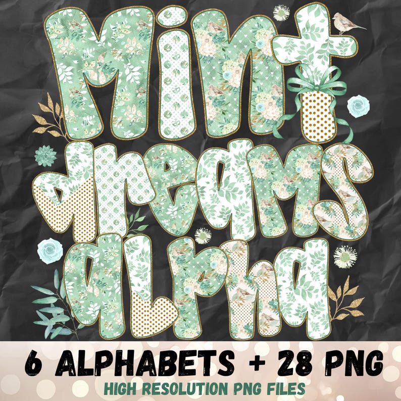 Watercolor MINT FLOWERS Alphabet Bundle Png, Preppy Green Doodle Alpha ...
