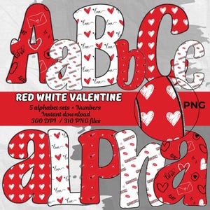 Może przedstawiać: Czerwone i białe litery alfabetu walentynkowego z wzorami w kształcie serc i miłości. Obraz zawiera litery A, B, C, a, b oraz słowo "alpha". Tekst na obrazie brzmi "RED WHITE VALENTINE".