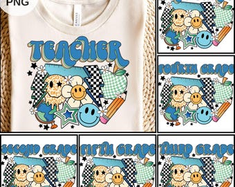 Retro Back To School PNG-bundel Groovy Grade Level 1e 2d 3d 4e 5e kleuterschool pre-k Smiley Bolt Checkers Doodle, png