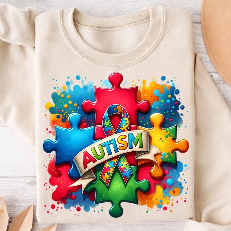 May include: A beige sweatshirt with a colorful graphic design of puzzle pieces and a ribbon. The puzzle pieces are red, blue, green, and yellow. The ribbon is blue, green, yellow, and red. The text "AUTISM" is written on a white banner.