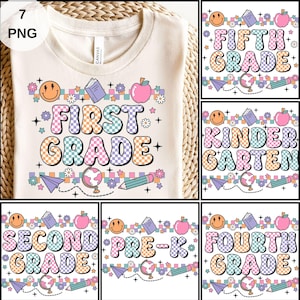 Retro Back to School Girls PNG Checkered Bundle, Kindergarten Kid Design, First Day Shirt PNG,Pre-K to Fourth Grade Png,School Girl File png