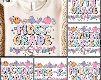 Retro Back to School Girls PNG kariertes Bundle, Kindergarten-Kid-Design, Ersttagsshirt PNG, Pre-K bis Vierte Klasse Png, Schulmädchen-Datei png
