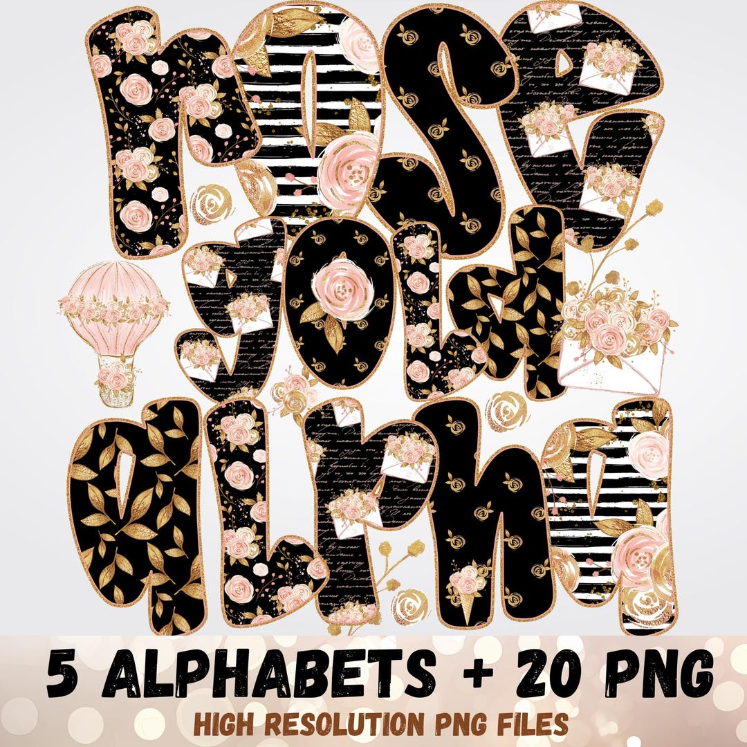 Rose Gold Flowers Alphabet Bundle Png, Preppy Gold & Pink Doodle Alpha ...