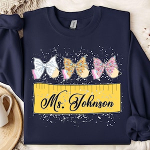 Teacher Coquette Pencil PNG, Rainbow Glitter Bow Png, Custom Teacher Name, Back To School Png, Teacher Shirt Png, Teacher Appreciation Png 2
