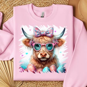 Vaca de las Tierras Altas: Feliz Pascua PNG, Vaca linda de Pascua PNG, Pascua retro PNG, Diseño de sublimación de Feliz Pascua, Descarga digital PNG