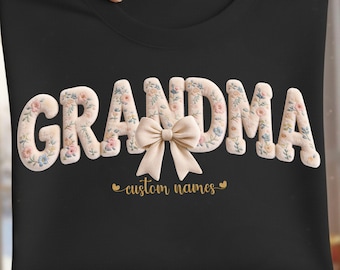 Embroidered Custom Grandma PNG with Names, Satin Stitch Floral Grandma Bow Design, Boho Grandma Shirt Sublimation, Png Digital Clipart