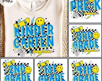 レトロな新学期男子向けPNGバンドル、幼稚園児向けデザイン、初日シャツPNG、就学前から4年生向けPNG、男子学生向け昇華ファイルPNG