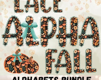 Autumn Floral Alphabet PNG, Fall Lace Letters, Preppy Fall Font, Autumn Doodle Font, Fall Sublimation, Cozy Autumn Digital Download PNG