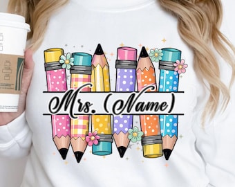 Retro Pencil personalized name or phrase, Custom Name Of Teacher Png, Back To School Teacher Shirt Design, First Day School Png Sublimation