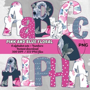 Może przedstawiać: Cyfrowy zestaw alfabetu z literami A, B, C i Alpha, w różowych, niebieskich i białych kwiatowych wzorach. Litery mają wzory w kropki, nadruki kwiatowe i akwarelowe serca. Obraz zawiera tekst "PINK AND BLUE FLORAL".