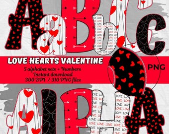 Valentijn alfabet PNG met hartjes, liefdesletters en cijfers, alfabet afdrukbare clipart voor sublimatie, ambachtsontwerp, Valentijn alfa, png